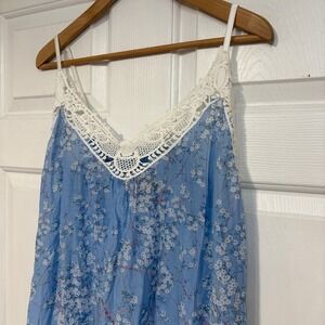 Papinelle Silk Cotton Blue Floral Print Lace Trim Maxi Nightie Cami Nightgown XL